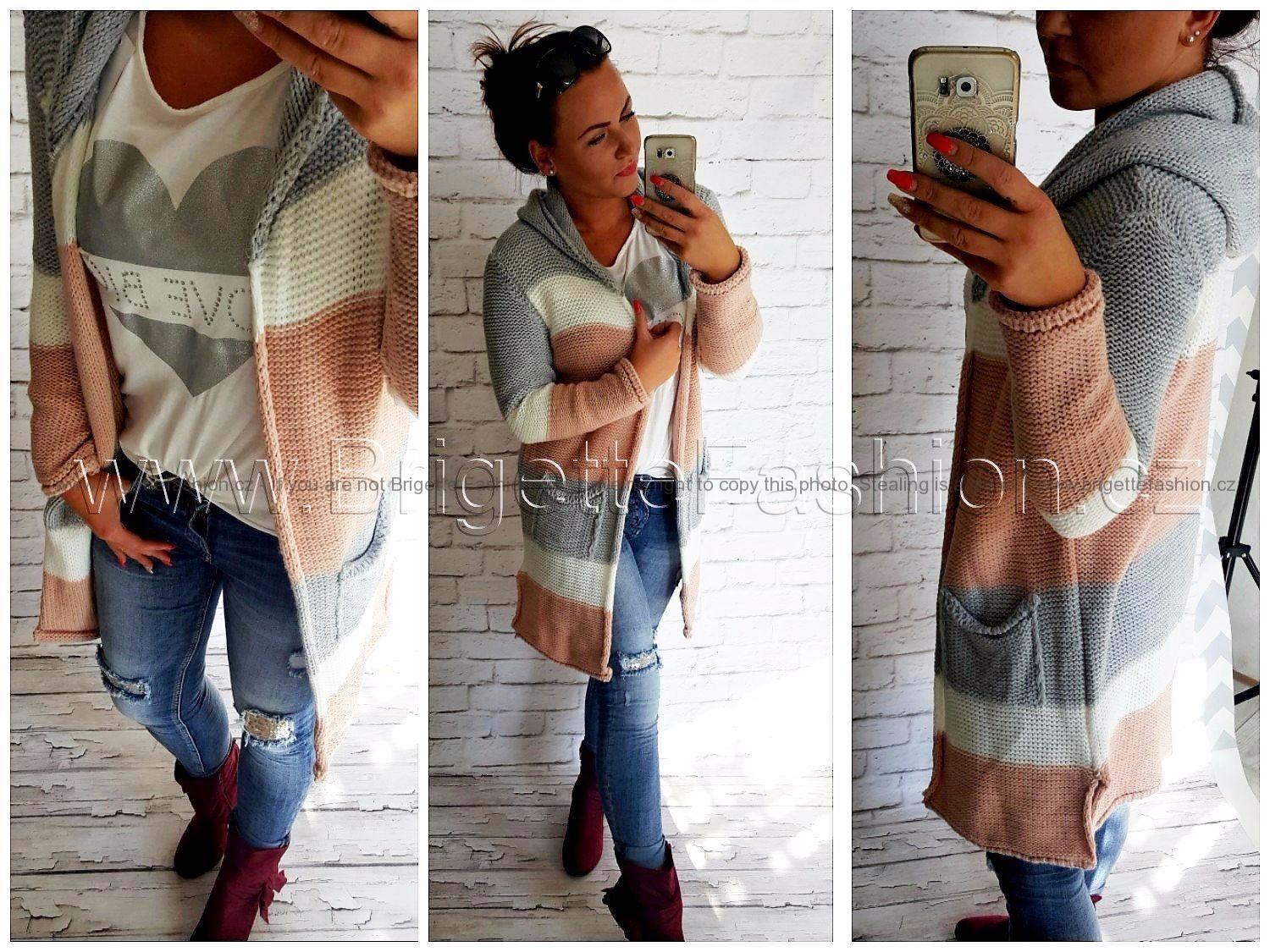 Pletený cardigan Tricolor Chuc Růžový/šedý - hrubý