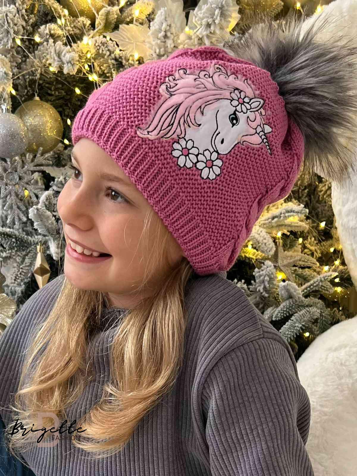 Dětská zimní čepice Unicorn růžová
