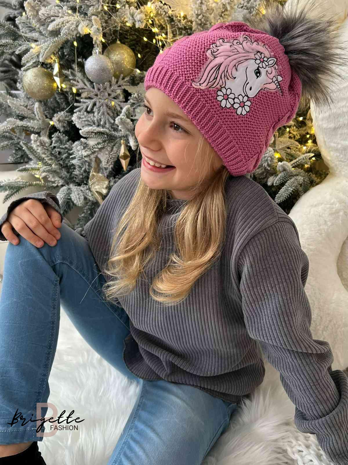 Dětská zimní čepice Unicorn růžová