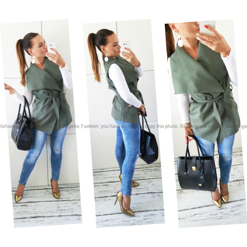 Flaušová elegantní vesta - khaki