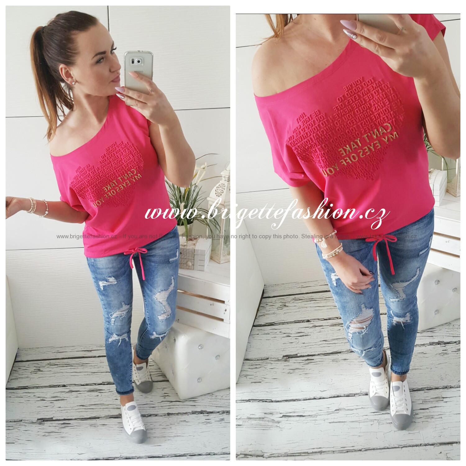 Tričko Heart fushia s 3D nápisem krátký ruká