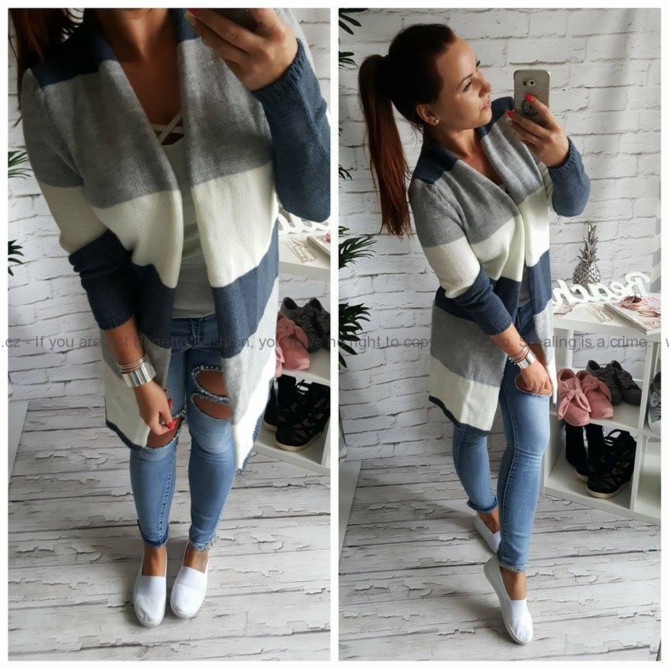 Silnější cardigan tricolor - modrý