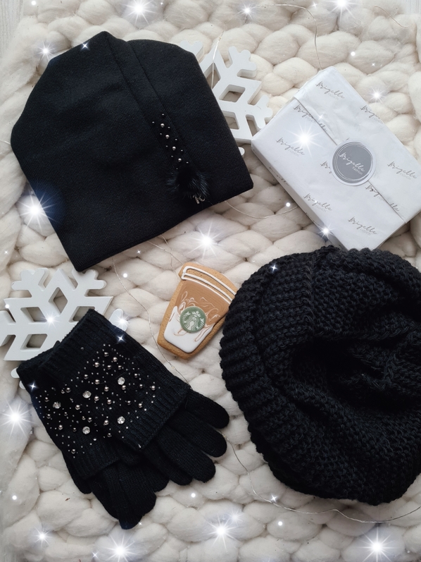 Komplet kruhová šála Mountain + rukavice Pearls + čepice Rabbit černý