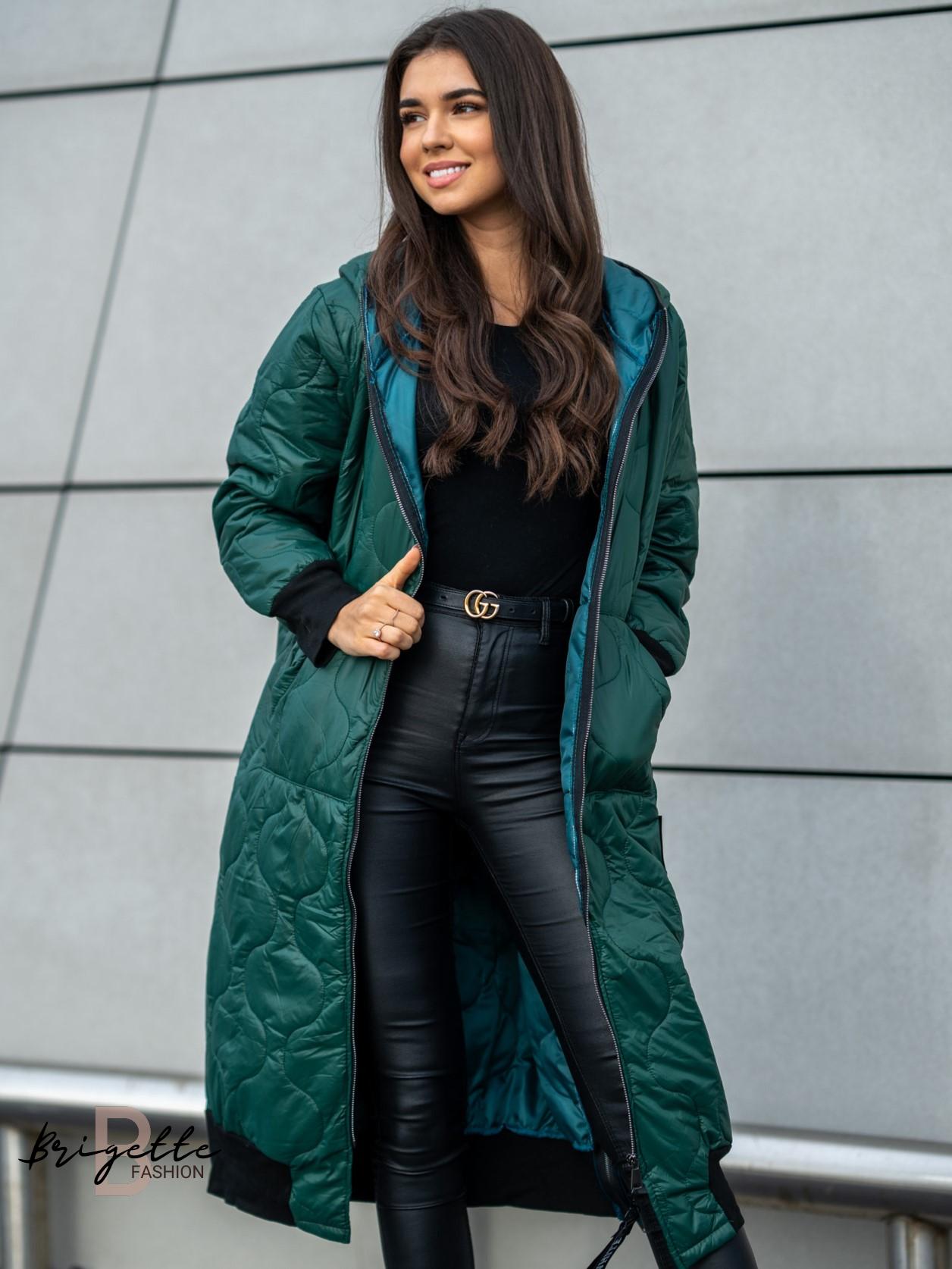 Oversize dlouhá prošívaná bunda smaragdová