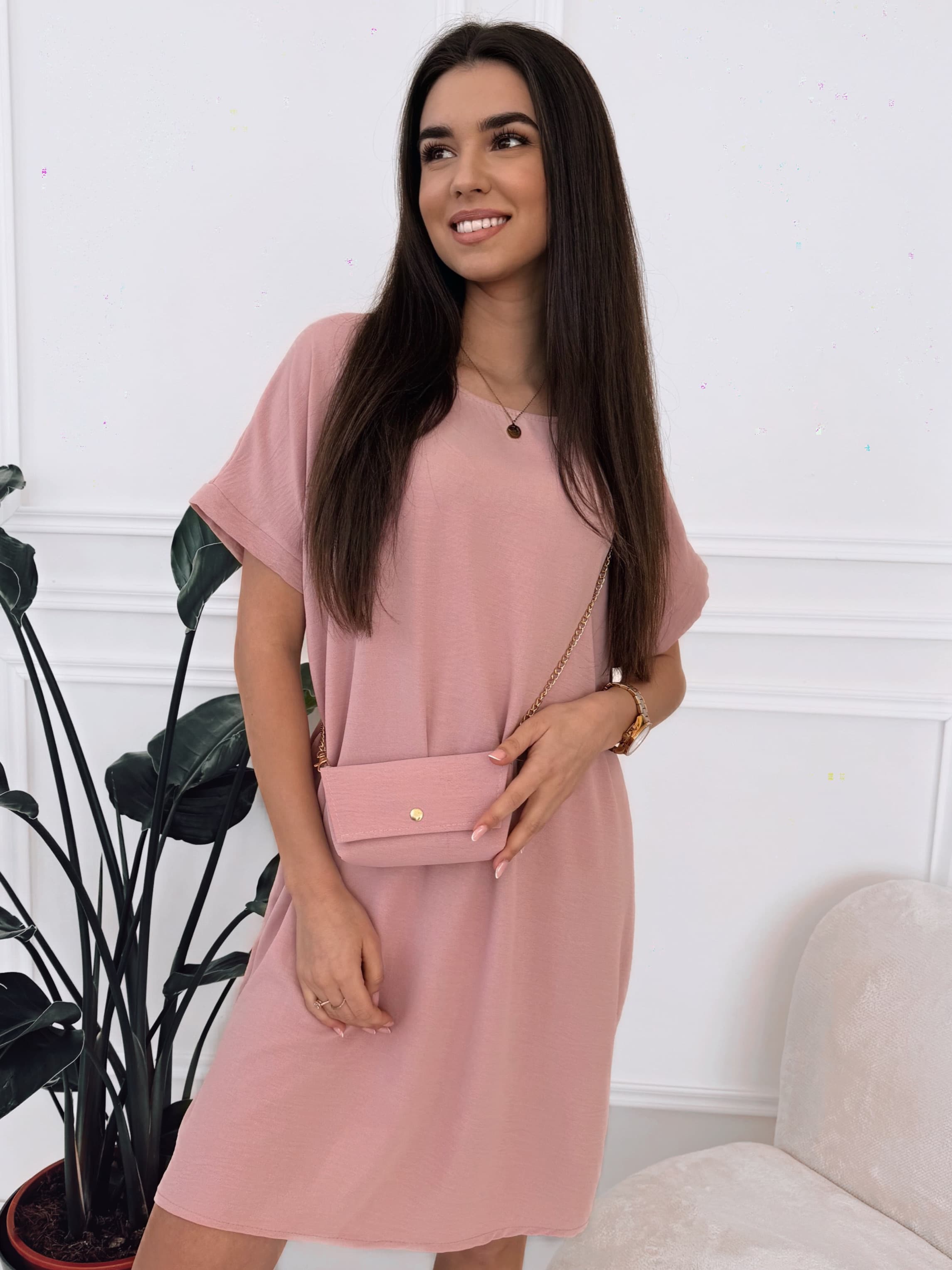 Šaty Oversize s kabelkou růžové pudr