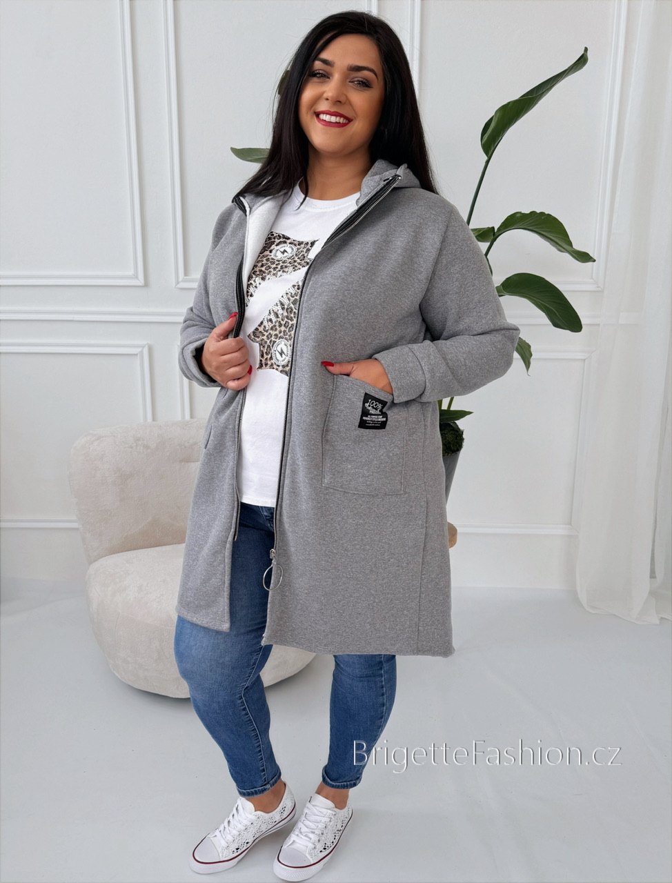 Teplákový vyteplený cardigan Symbol na zip šedý