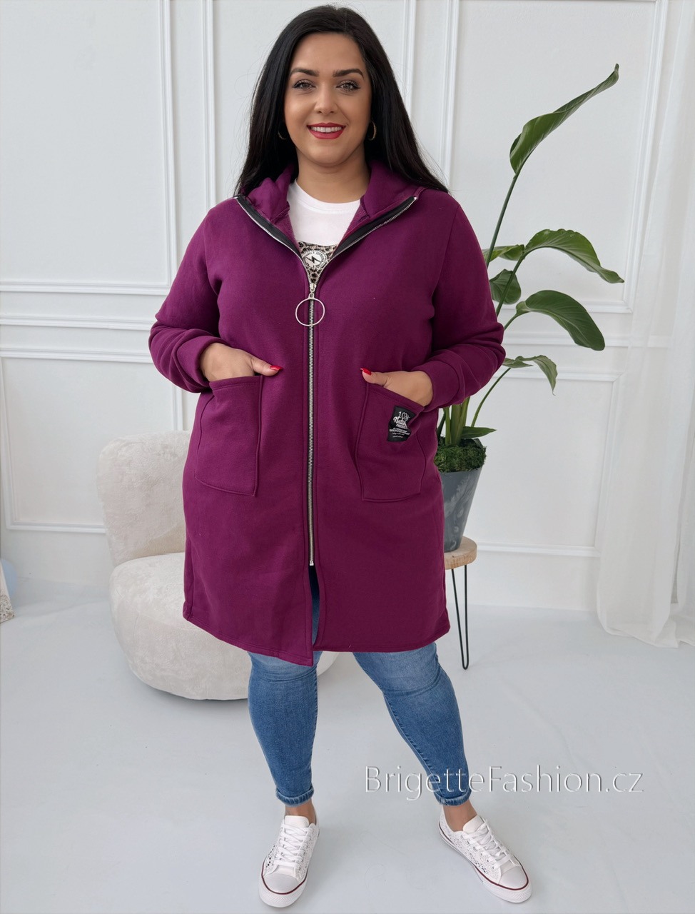 Teplákový vyteplený cardigan Symbol na zip tmavá malina