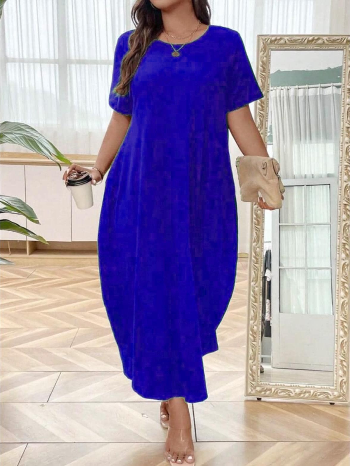 Oversize basic šaty s kapsami královsky modré