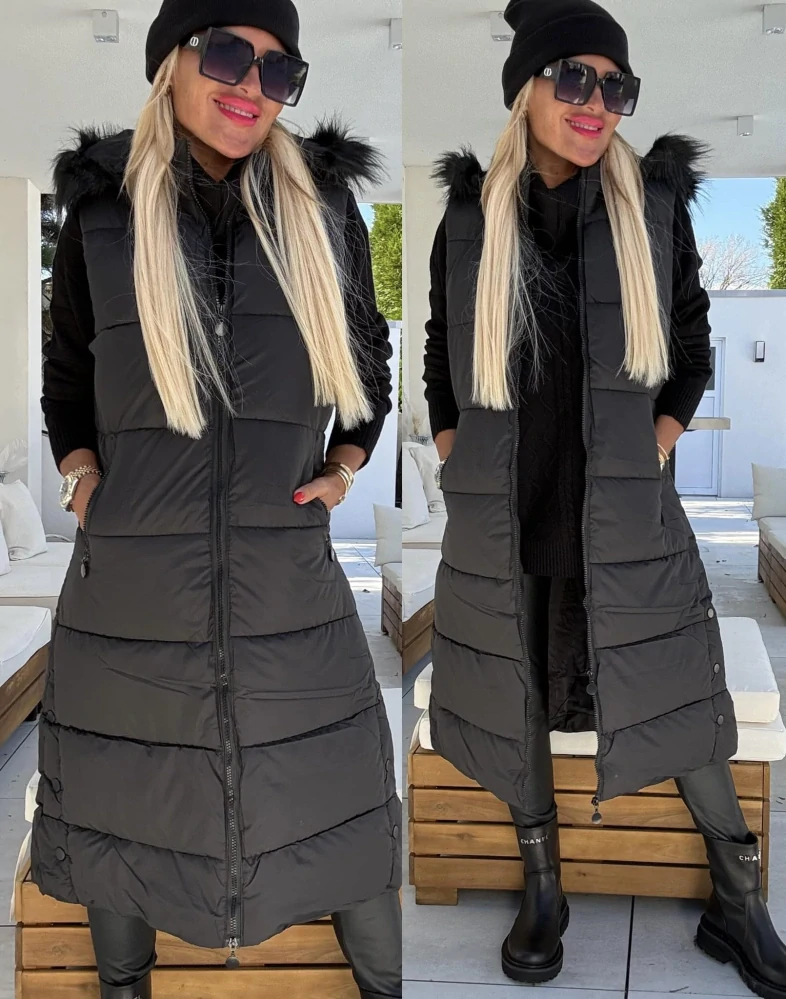 Maxi vesta s chlupatinou černá