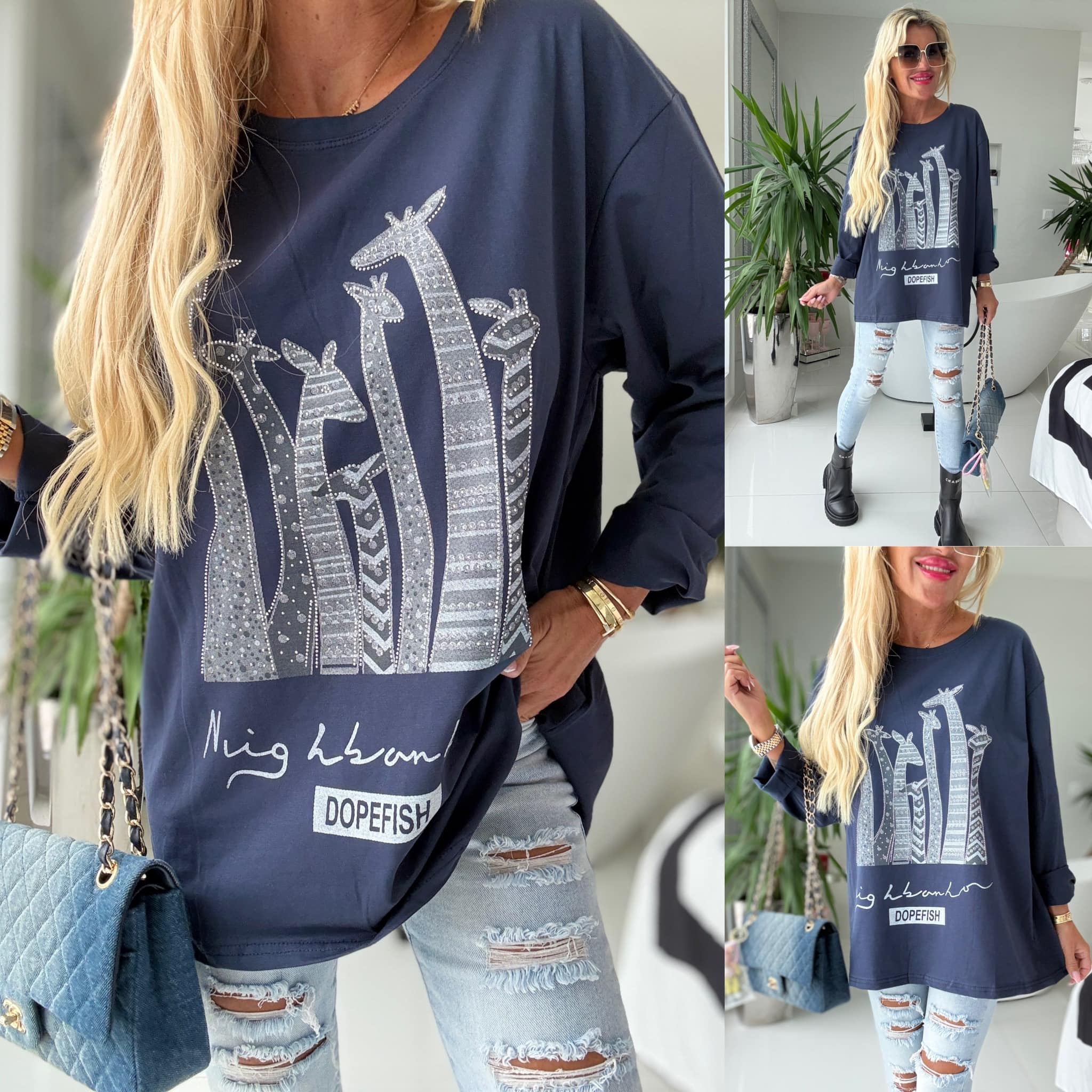 Tunika Fashion s kamínky Giraff tm.modrá
