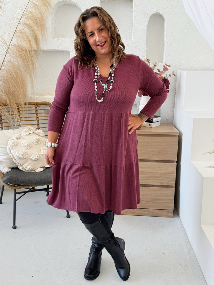 Úpletové šaty áčkové do 4XL burgundy