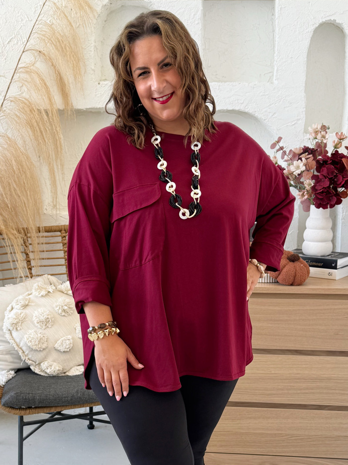 Oversize mikinové triko s kapsou do 5XL burgundy