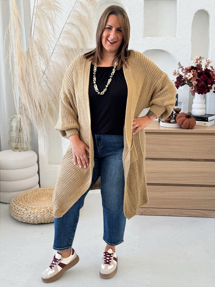 Pletený dlouhý cardigan Megan do 3XL camel
