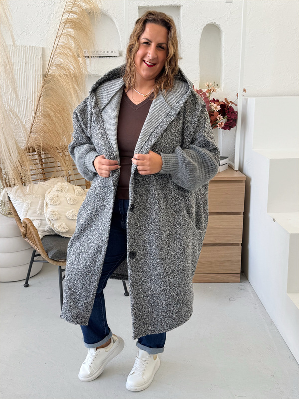 Kabát Wool s pletnými rukávy do 4XL pepř a sůl