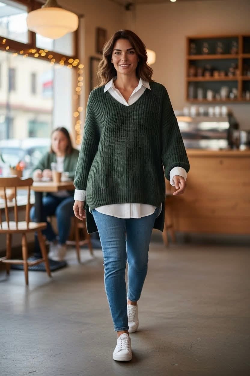 Pletený svetr s V-výstřihem Clara - tmavě zelená