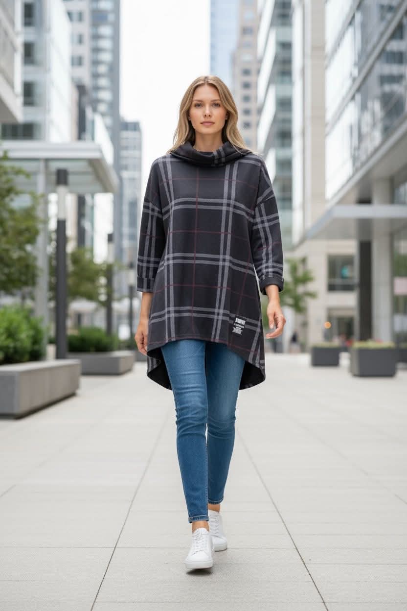 Delší kostkovaná halenka Urban Chic - černá