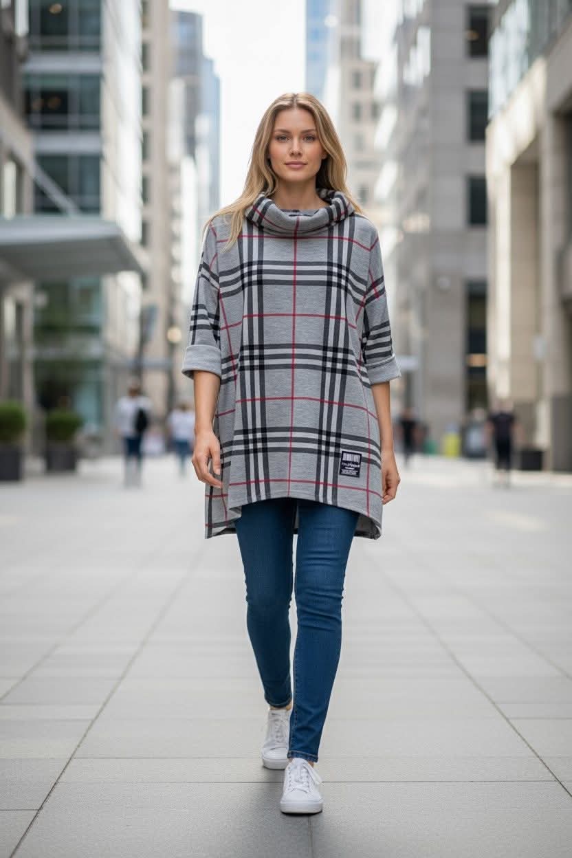 Delší kostkovaná halenka Urban Chic - šedá