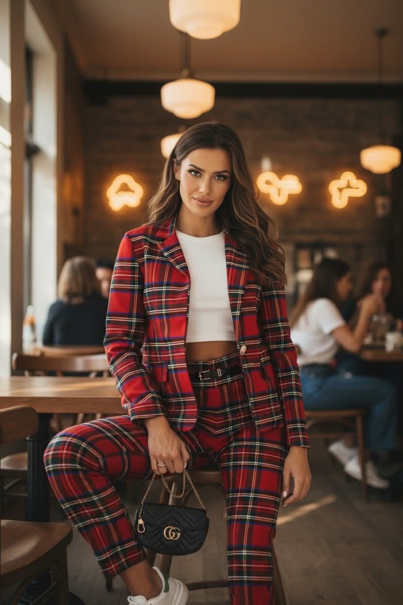 Kostkovaný kalhotový kostým Oversize Chic - červený