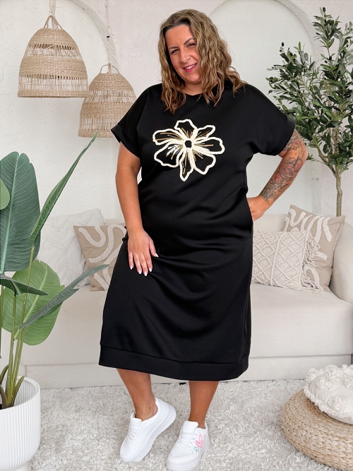 Máslové šaty do 4XL Flower ČERNÉ