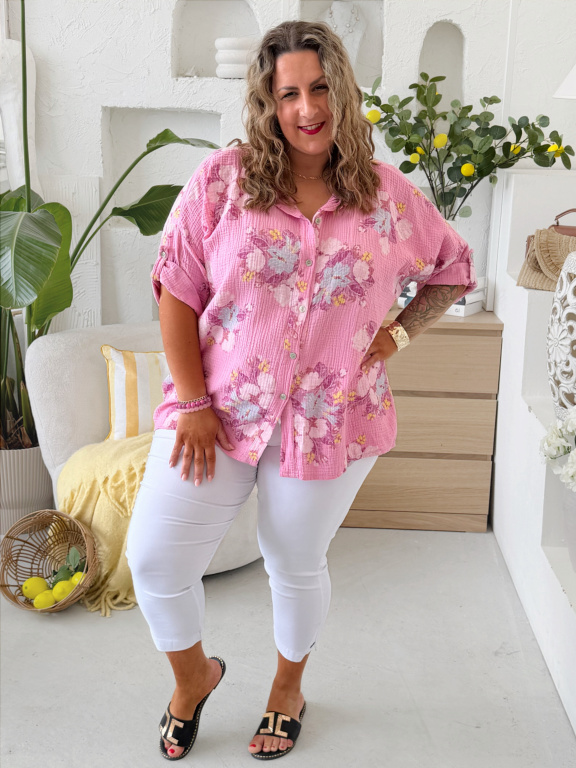 Mušelínová košile Flower do 4XL - růžová
