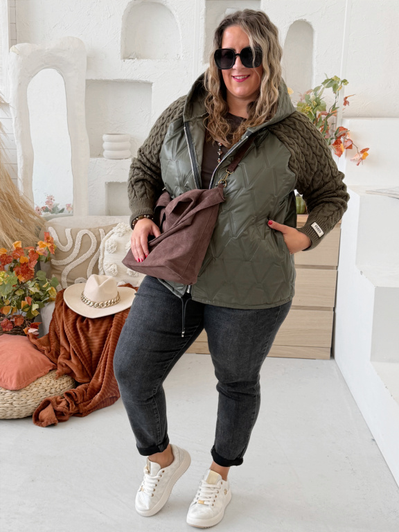 Prošívaná bunda s pletenými rukávy Jorny do 4XL - khaki