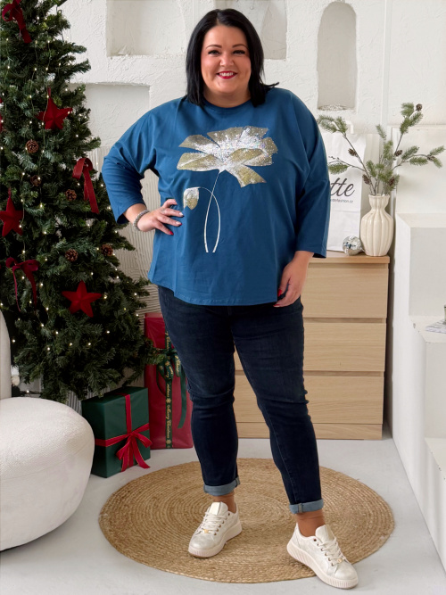 Oversize tričko Květina Ellie do 4XL - petrolej