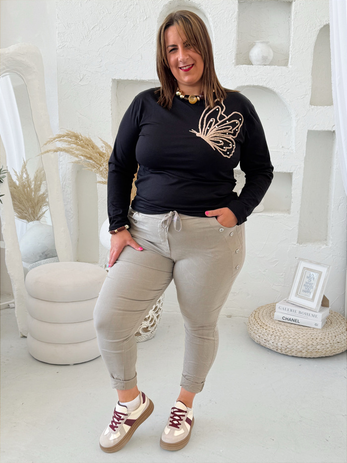Elastické kalhoty Buttons do 3XL světlé capuccino