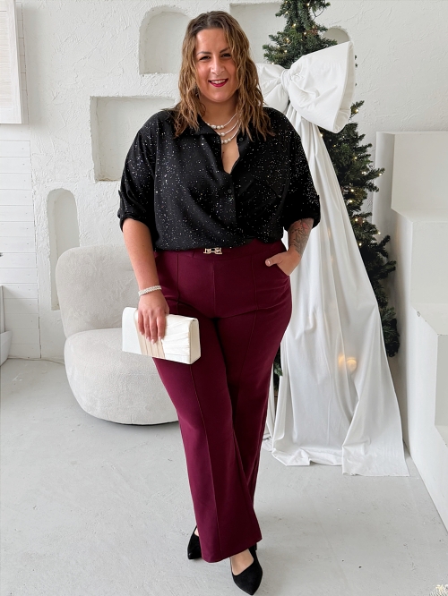 Elegantní vyteplené široké legíny do 6XL - burgundy