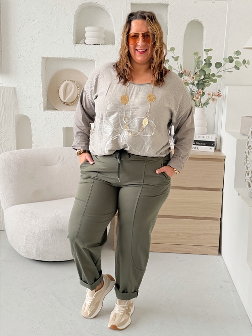 Barelové teplákové kalhoty Lora do 3XL - khaki