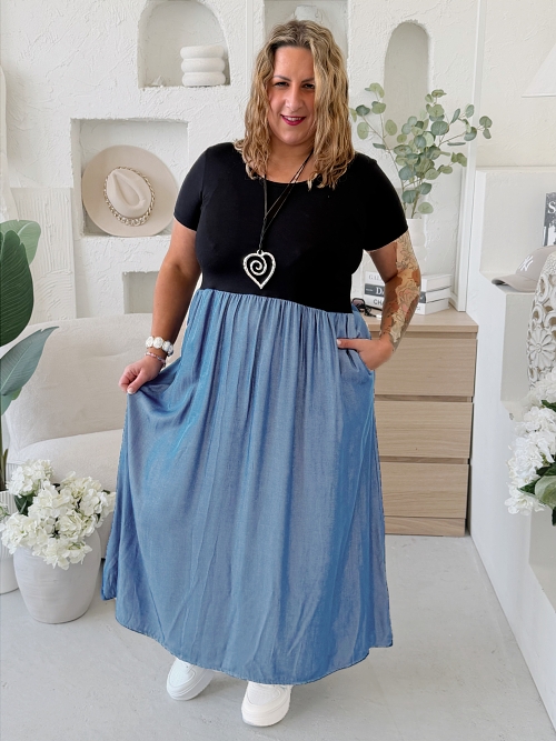 Maxi šaty Denima Longy do 4XL - světlejší denim