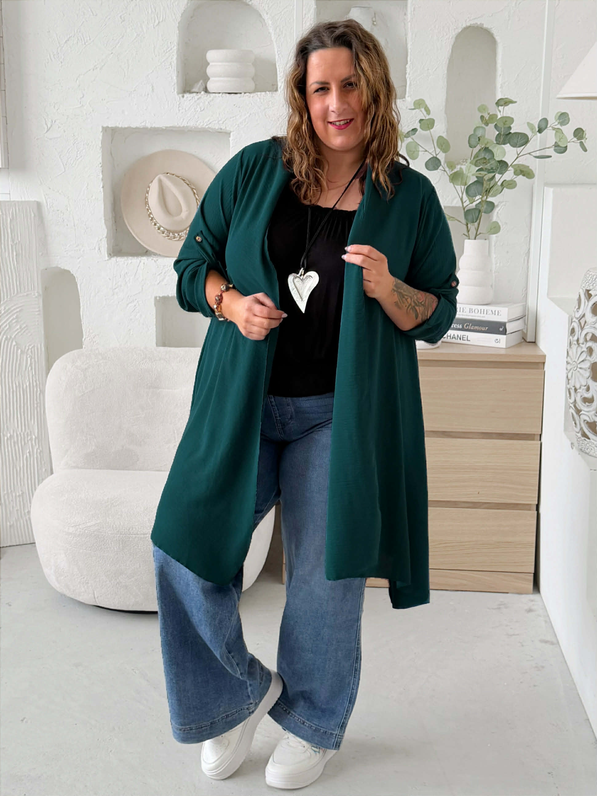 Lehounký cardigan z nemačkavého materiálu do 4XL smaragdový