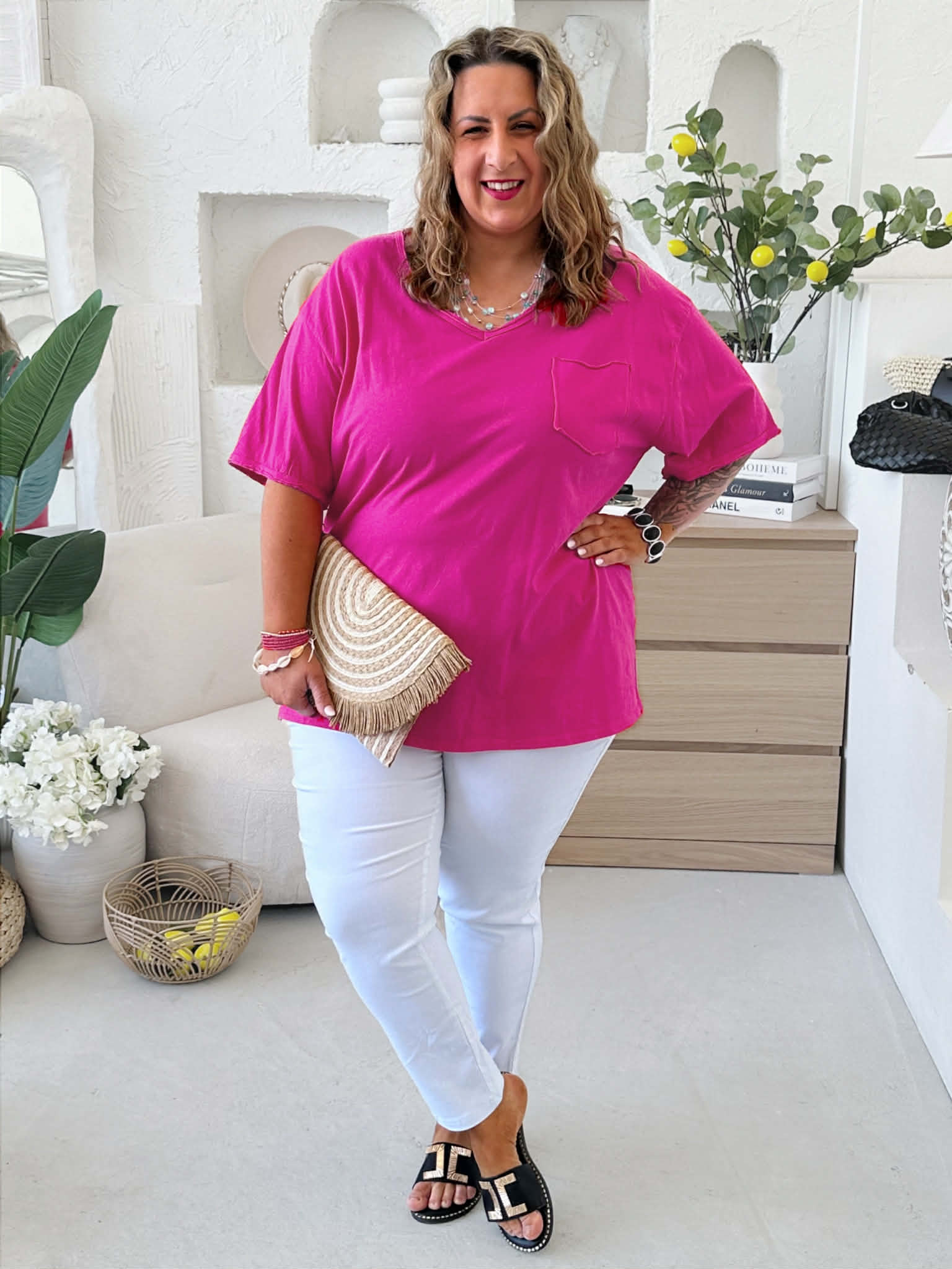 Bavlněné tričko Loby do V do 4XL - fuchsia