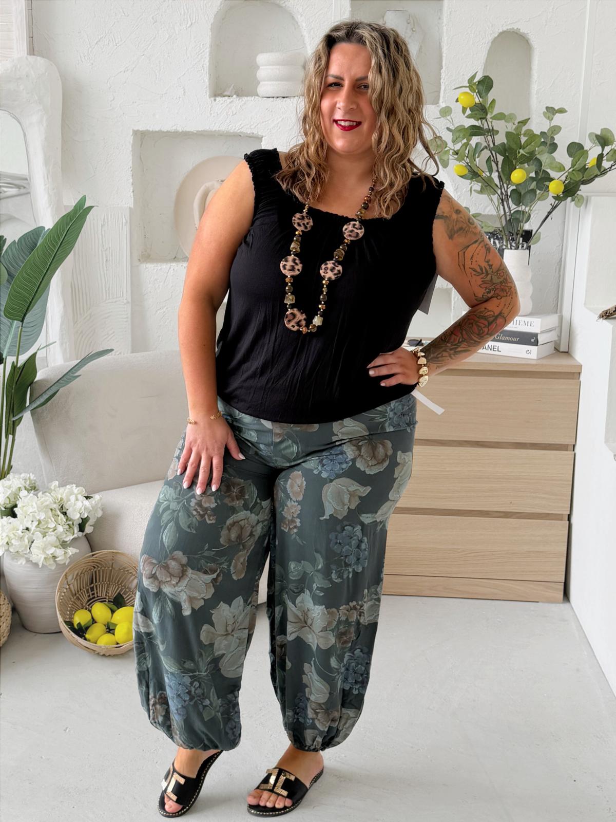 Aladinky květované do 3XL - šedozelené