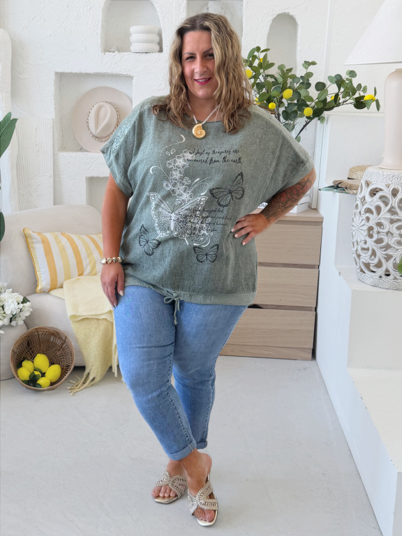 Oversize tričko s motýli do 4XL - khaki