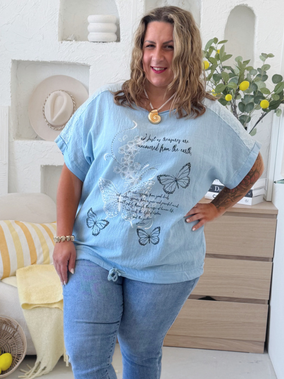 Oversize tričko s motýli do 4XL - modré