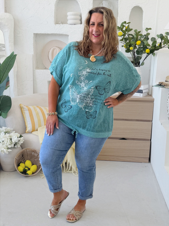 Oversize tričko s motýli do 4XL - tyrkysové