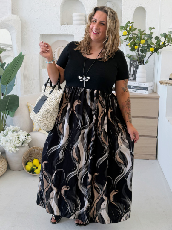 Maxi šaty s pružným žebrovaným vrškem Colories černé