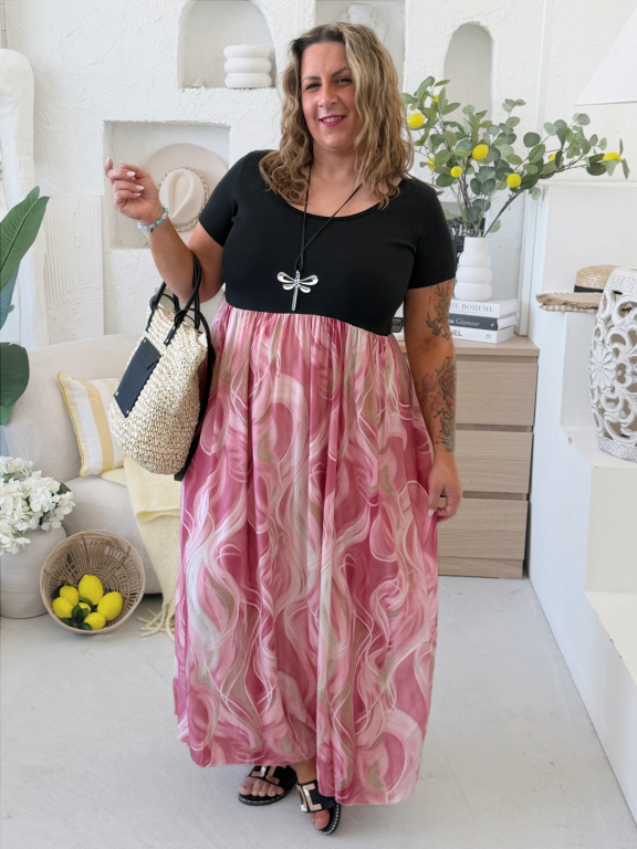 Maxi šaty s pružným žebrovaným vrškem Colories růžové