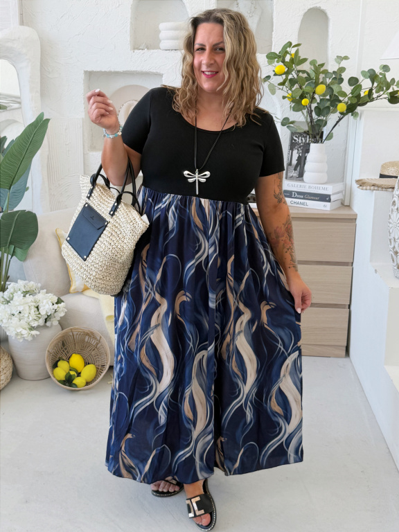 Maxi šaty s pružným žebrovaným vrškem Colories tmavě modré