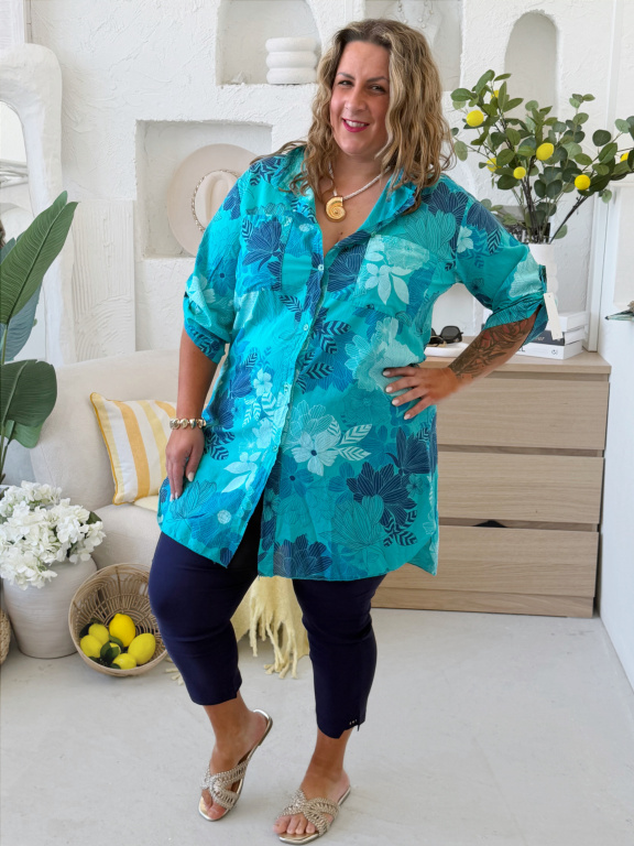 Prodloužená košile do 3XL Květy tyrkysové