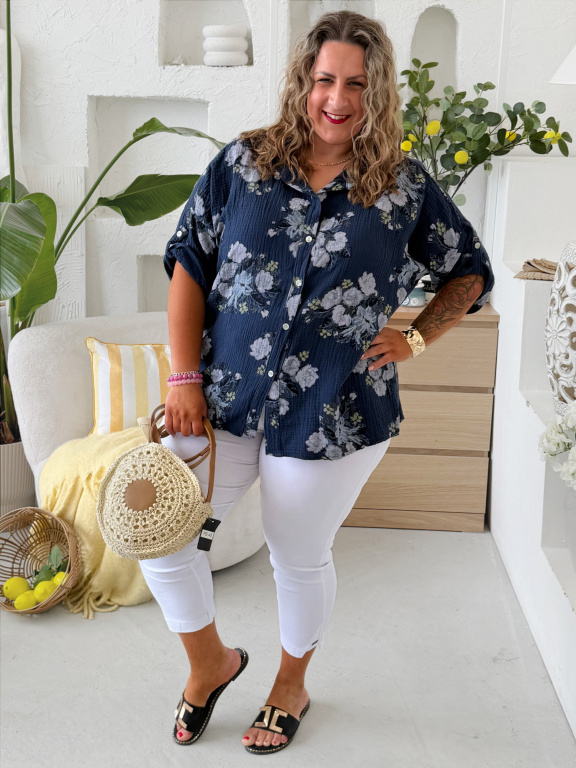 Mušelínová košile Flower do 4XL - tmavě modrá
