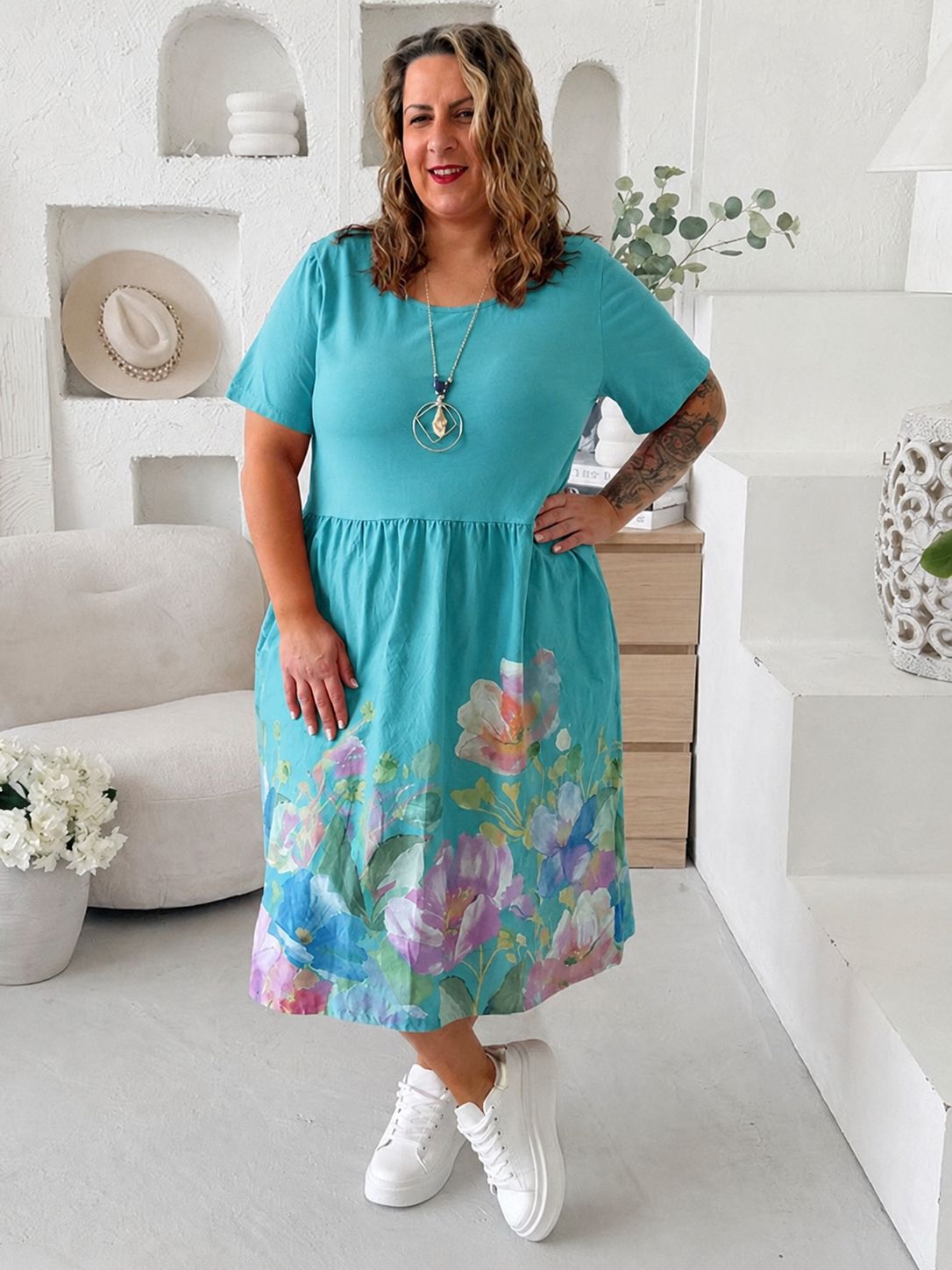 Balonové šaty Flower Pastel do 4XL - pastelová tyrkys