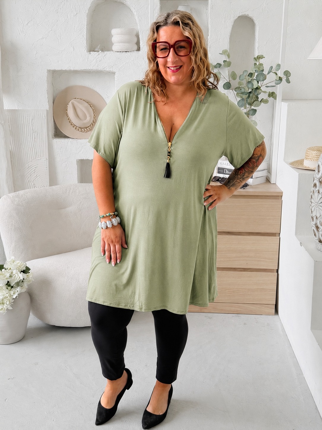 Tunikové šaty Viola zip krátký ruk. do 4XL - khaki