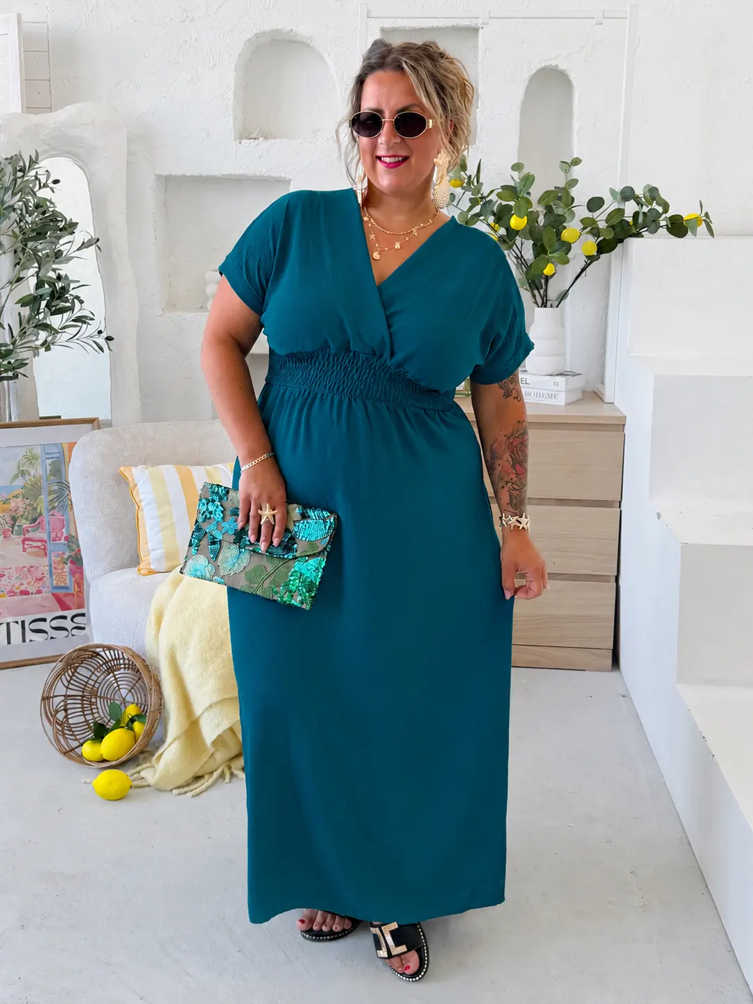 Nemačkavé maxi šaty Lady petrolej