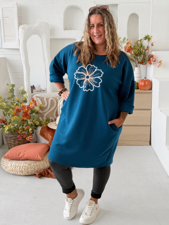 Máselkové šaty Flower do 4XL - petrolej