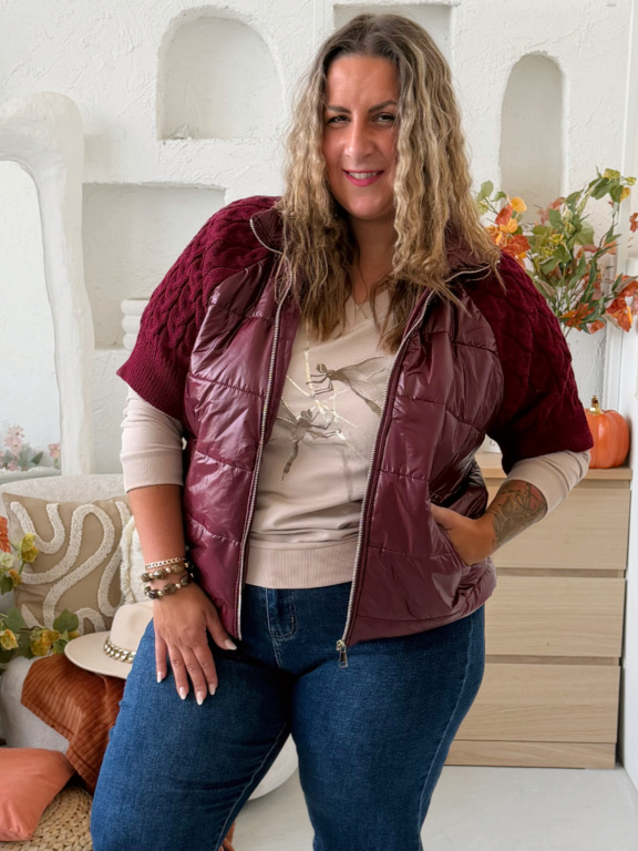 Vesta Gita s pletenými rukávy do 3XL - vínová