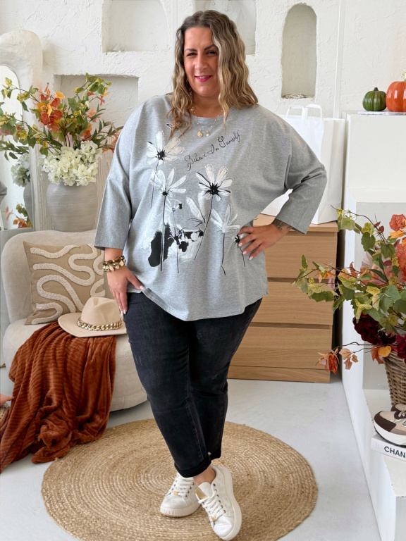 Oversize tričko Flower Ellie do 4XL - šedé
