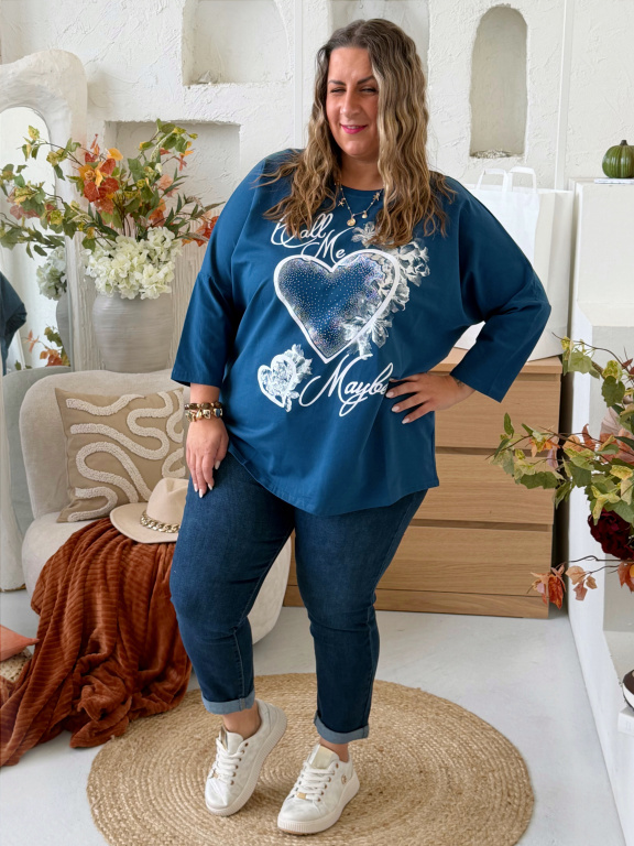 Oversize tričko Srdce Ellie do 4XL - petrolej