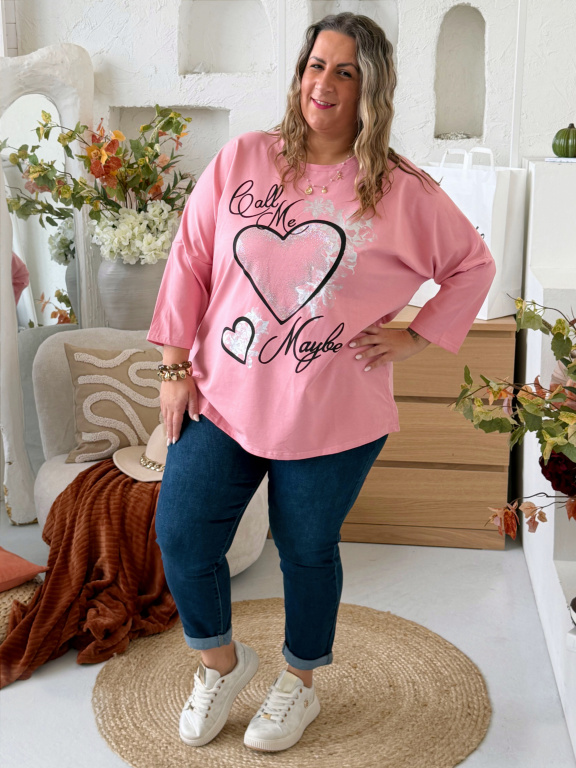 Oversize tričko Srdce Ellie do 4XL - růžové