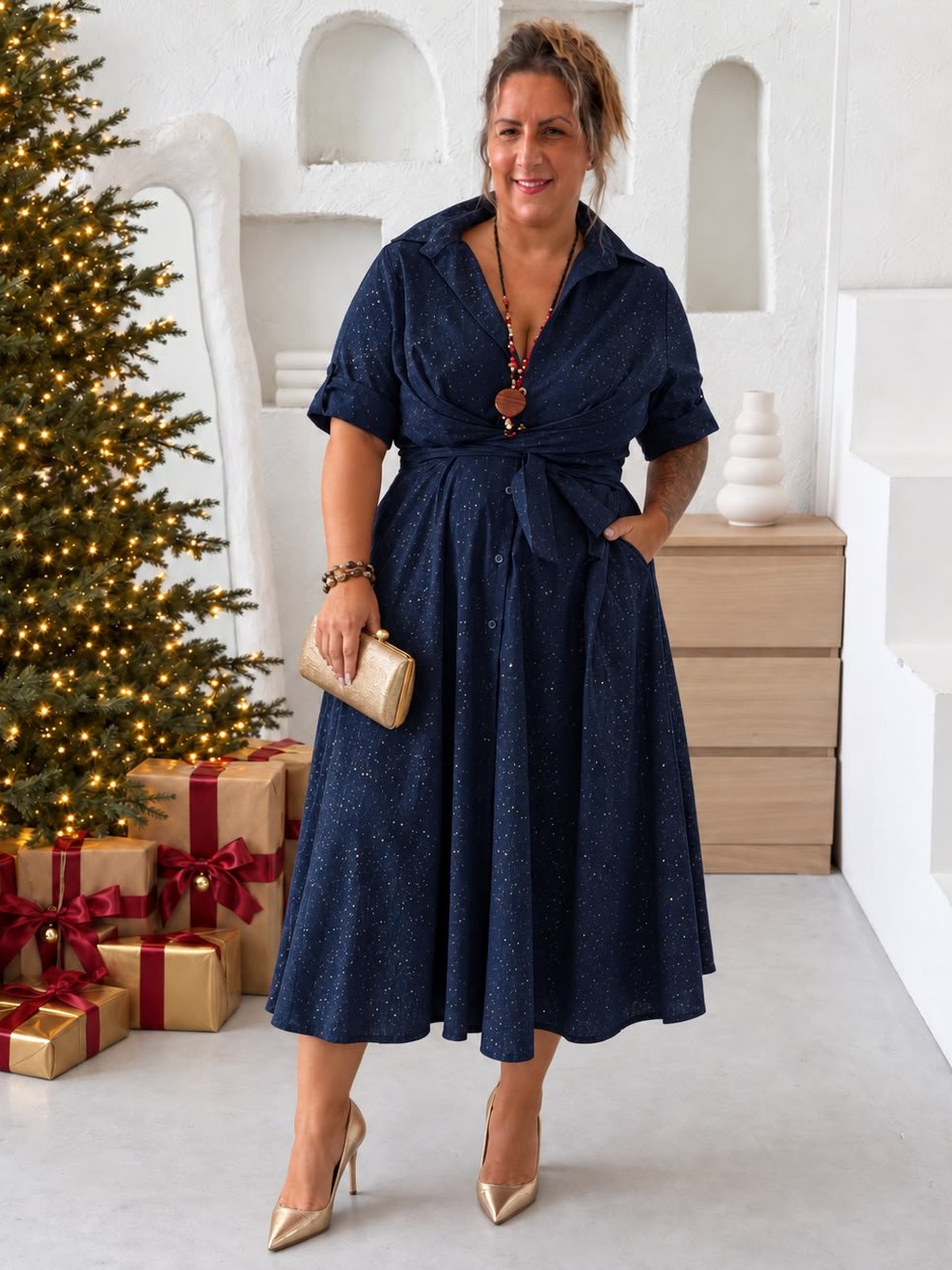 Zavinovací áčkové šaty Glitter Susan  do 3XL - tmavě modré